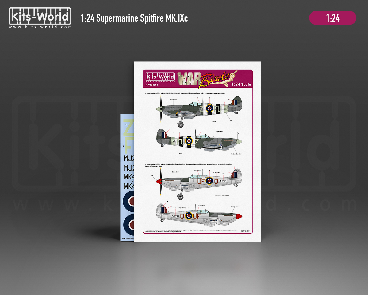 Kitsworld Kitsworld  - 1:24 Scale Decal/Mask Supermarine Spitfire Mk. IXc KW124001 MK421/FU-Z, No. 453 (Austlian) Squadron, MJ250/UF-Q, No. 601 (County of London) Squadron ra 